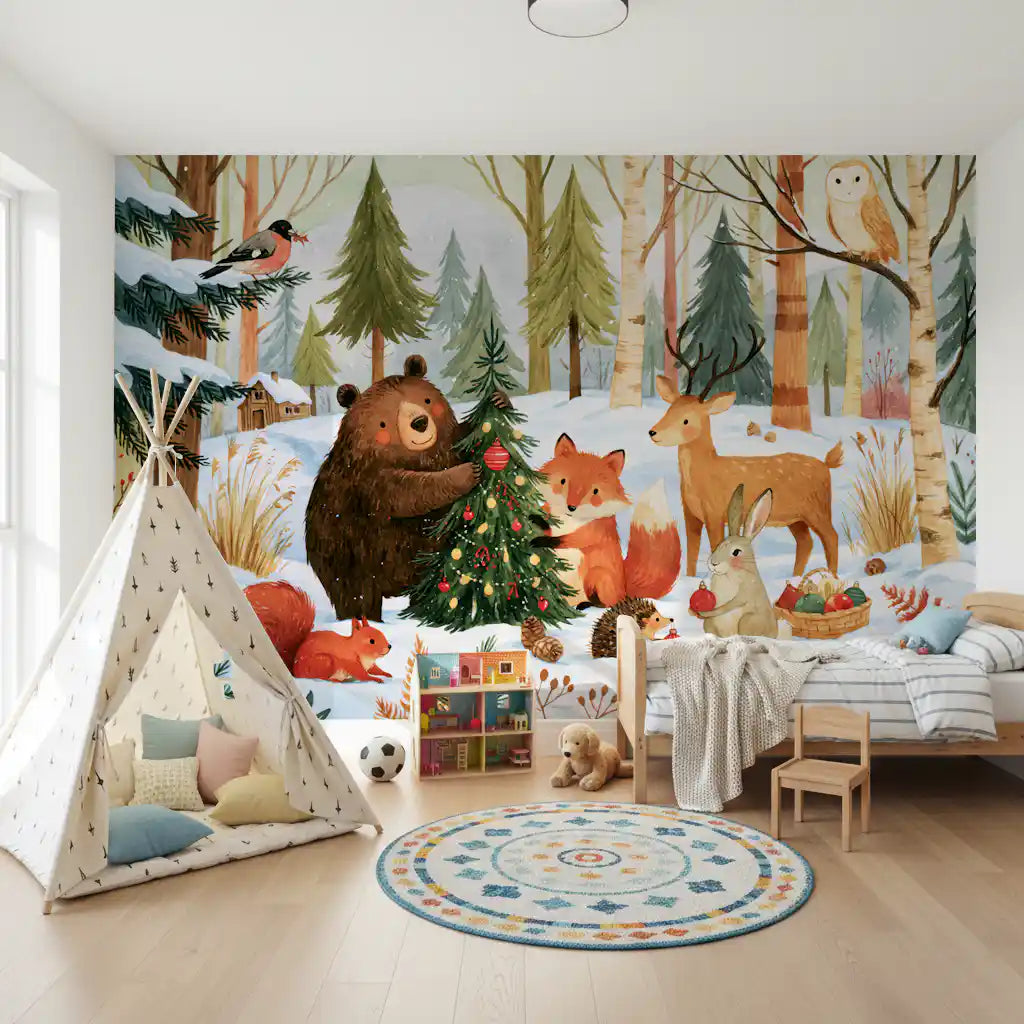 Fresque murale festive de Noël avec des amis de la forêt en hiver