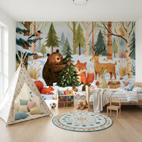 Fresque murale festive de Noël avec des amis de la forêt en hiver