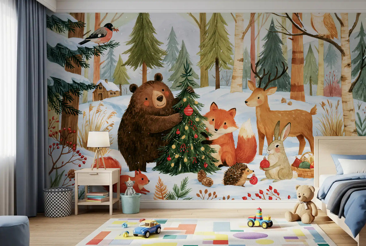 Fresque murale festive de Noël avec des amis de la forêt en hiver