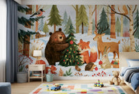 Fresque murale festive de Noël avec des amis de la forêt en hiver