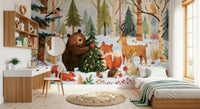 Fresque murale festive de Noël avec des amis de la forêt en hiver