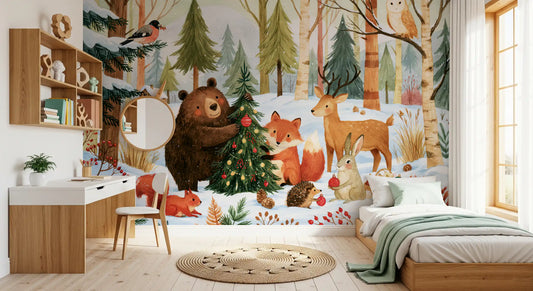 Fresque murale festive de Noël avec des amis de la forêt en hiver