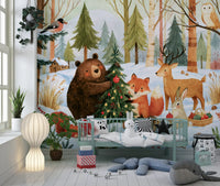 Fresque murale festive de Noël avec des amis de la forêt en hiver
