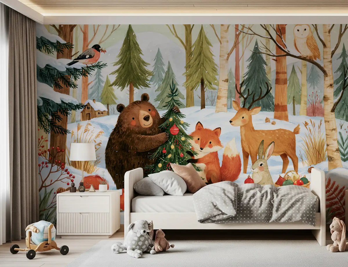 Fresque murale festive de Noël avec des amis de la forêt en hiver
