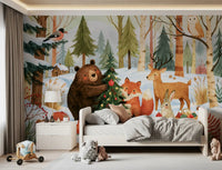 Fresque murale festive de Noël avec des amis de la forêt en hiver