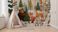 Fresque murale festive de Noël avec des amis de la forêt en hiver