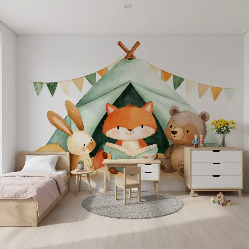 Mural de pared de zorros y amigos en una aventura de campamento