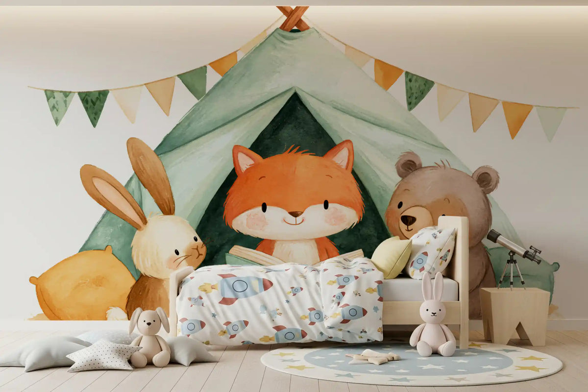 Mural de pared de zorros y amigos en una aventura de campamento
