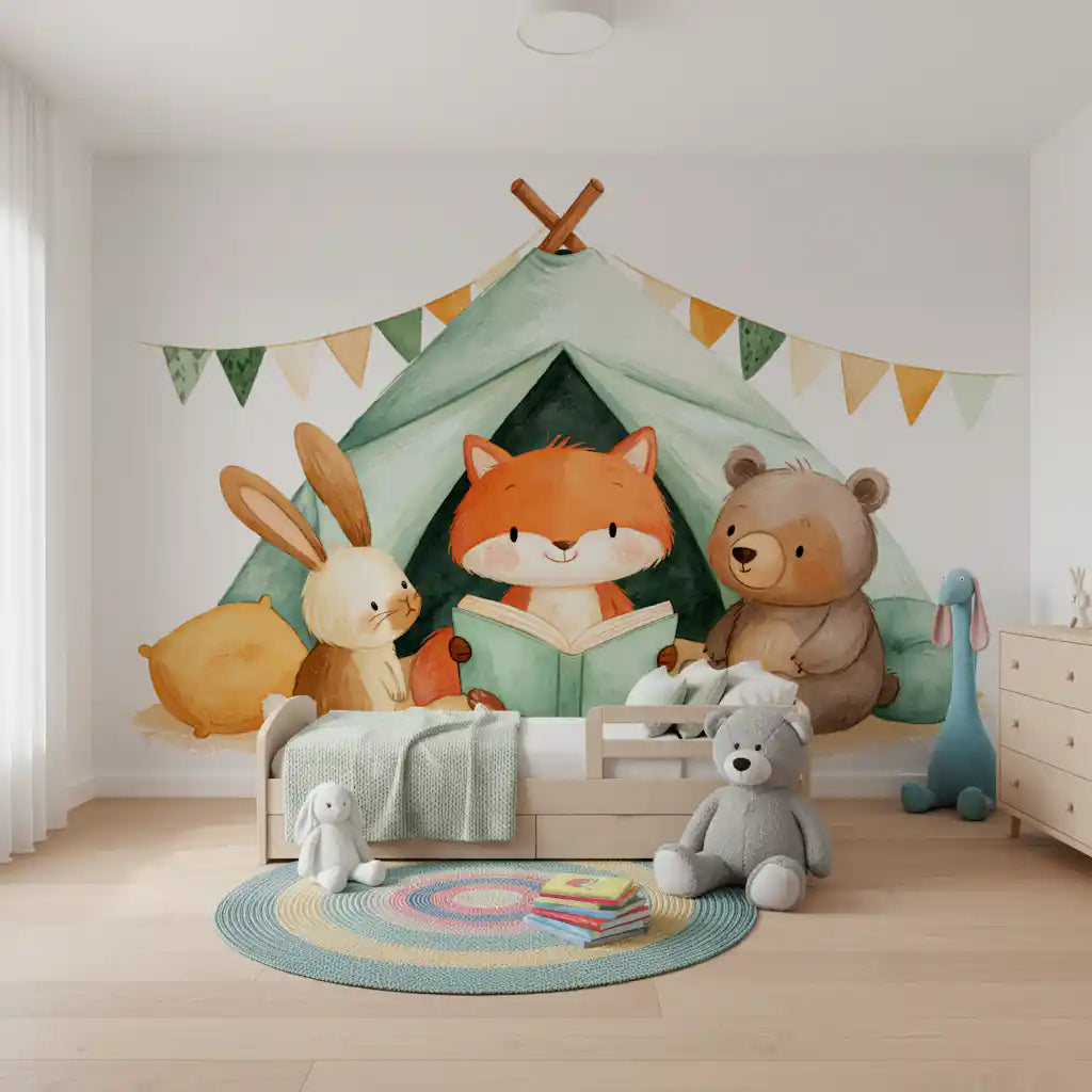 Mural de pared de zorros y amigos en una aventura de campamento