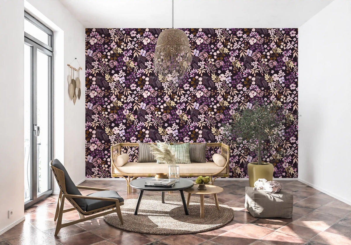 Papel pintado de flores silvestres botánicas oscuras