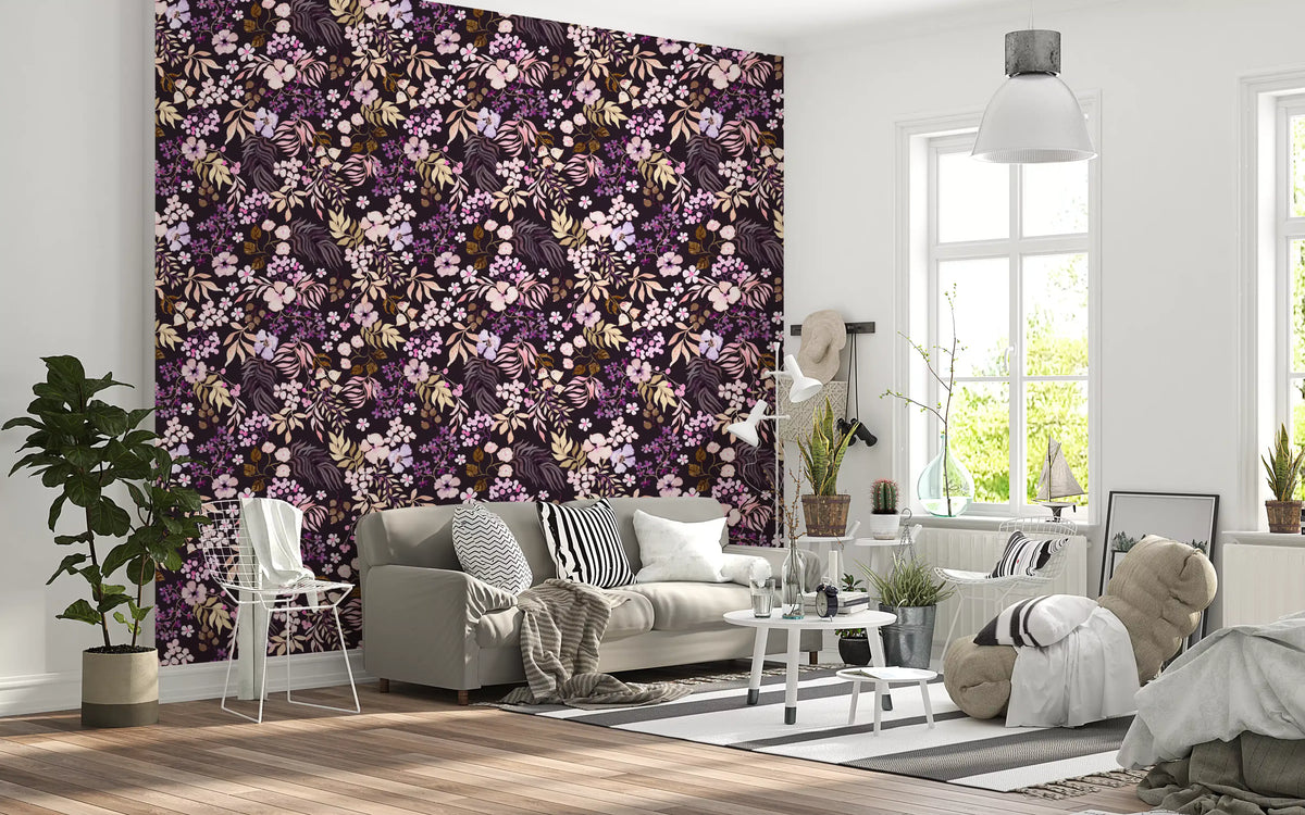Papel pintado de flores silvestres botánicas oscuras