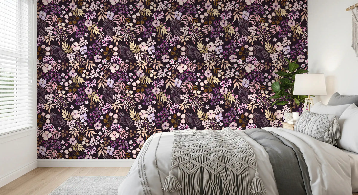 Papel pintado de flores silvestres botánicas oscuras