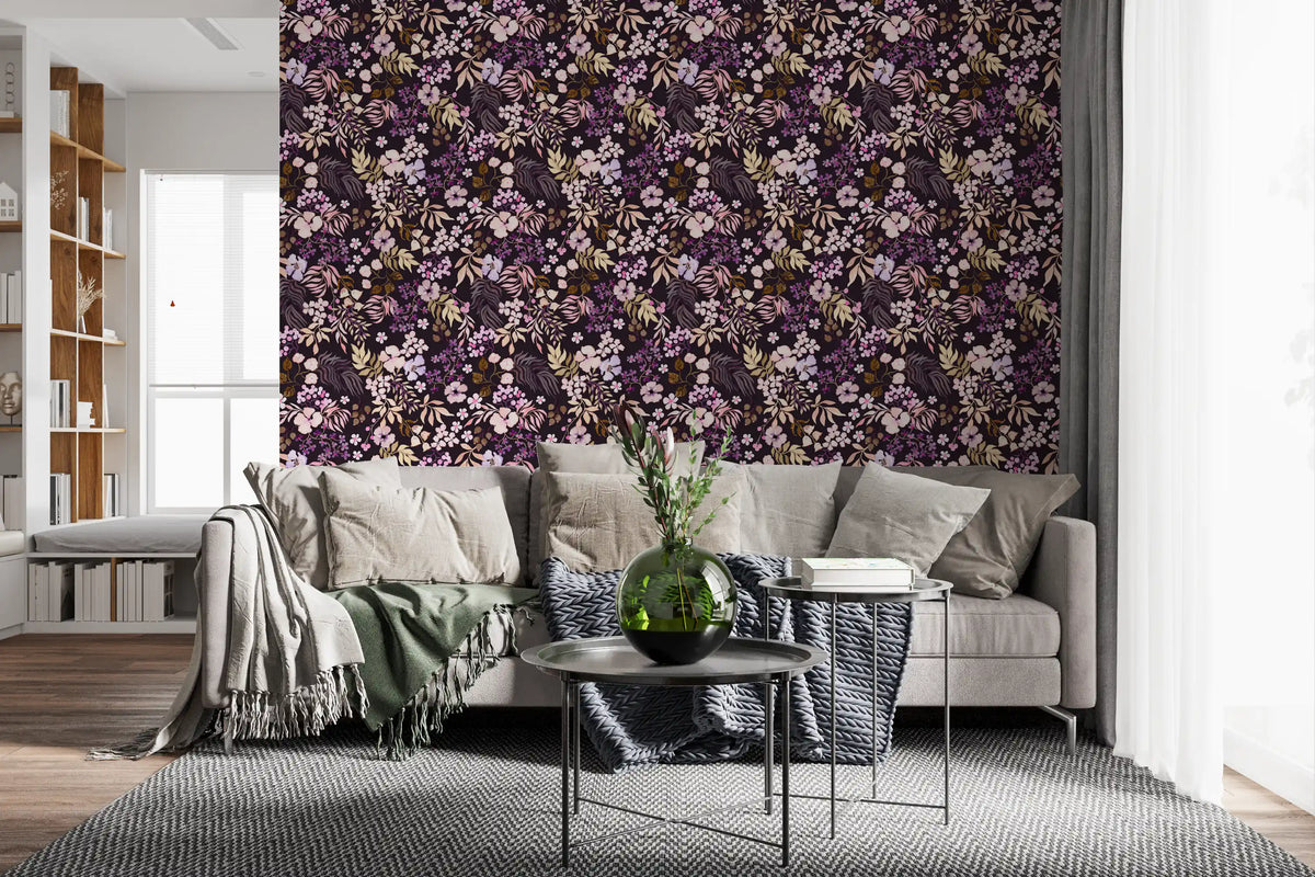 Papel pintado de flores silvestres botánicas oscuras