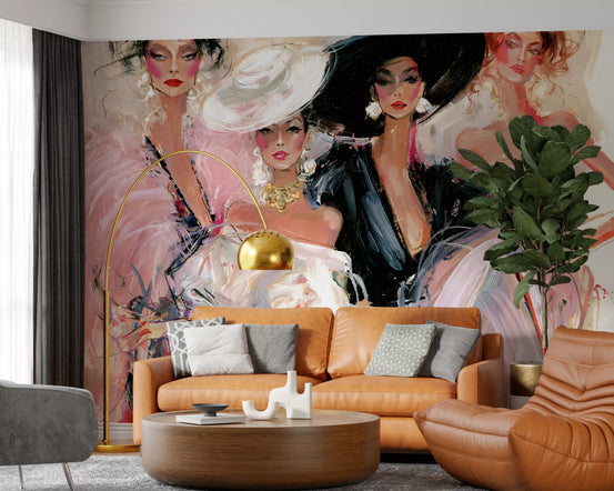 Art wallpaper mural behind tan leather sofa with gold arc lamp and fiddle leaf fig GD14173
