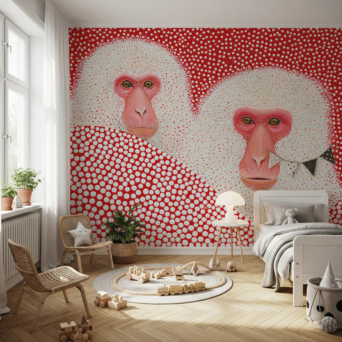 Wandbild mit Schneemakaken-Porträt und Punkten