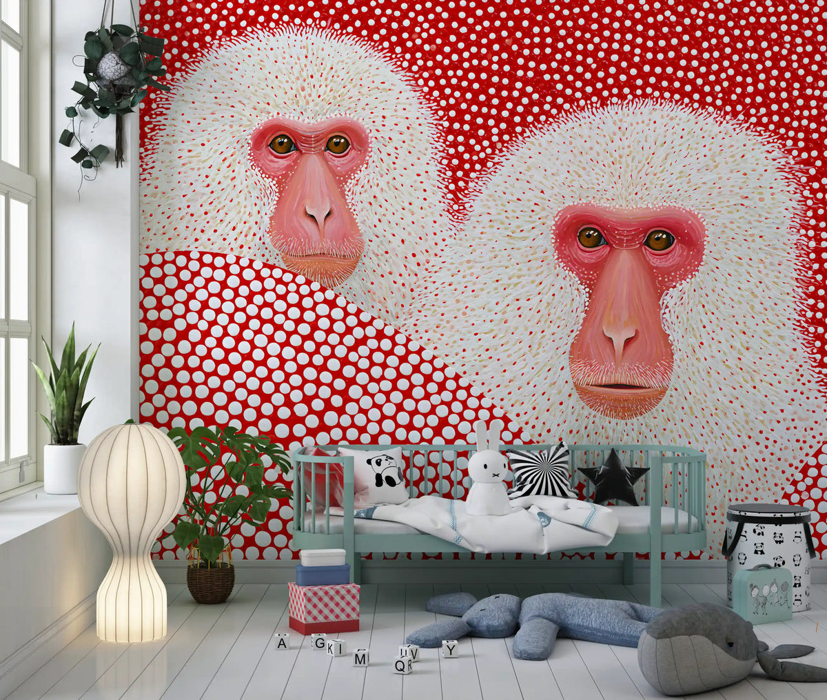 Wandbild mit Schneemakaken-Porträt und Punkten