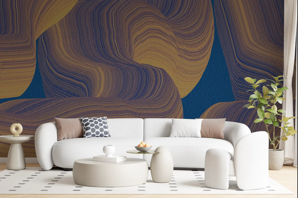 Sweeping Golden Curves on Navy Texture Wall Mural