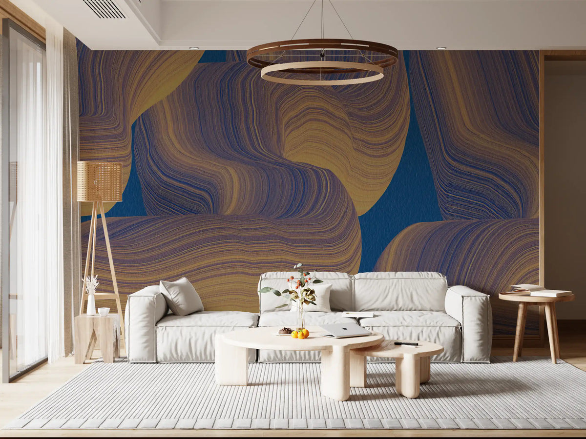 Sweeping Golden Curves on Navy Texture Wall Mural