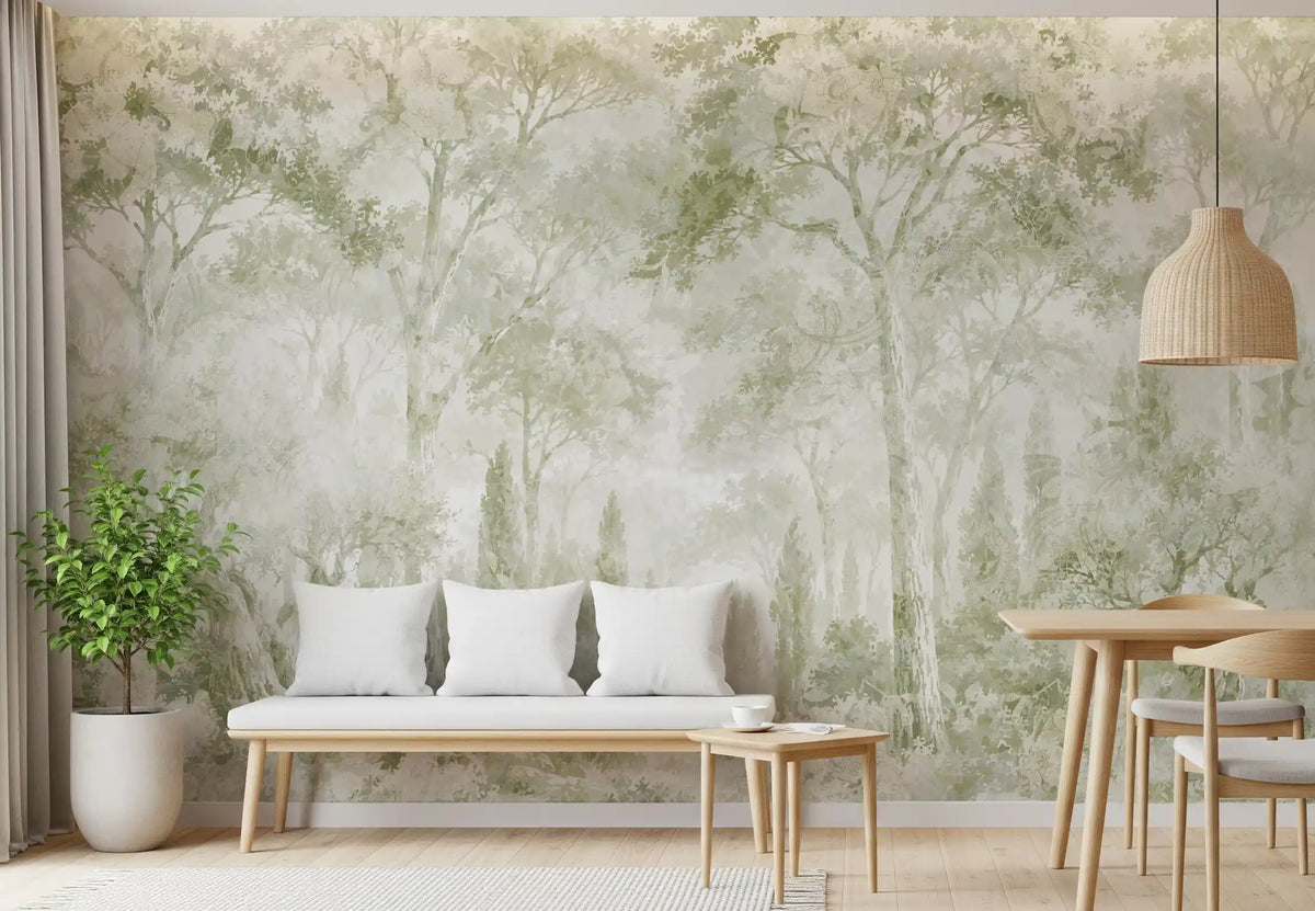 Papier peint panoramique Eucalyptus vert - sentier forestier toscan