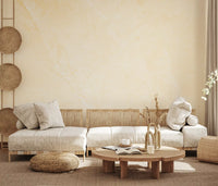 Boho lounge with cream sofa, low wood table and woven wall baskets on a creamy stone wall GD14189