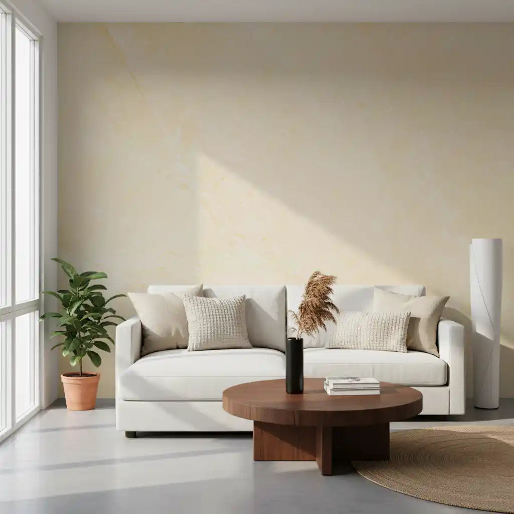 White sofa and round walnut coffee table in front of butter cream marble wallpaper GD14189