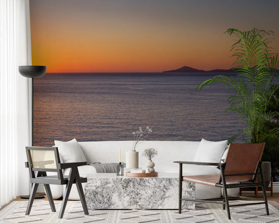 Living room with white sofa, marble coffee table and leather chair on ocean wallpaper GD14190