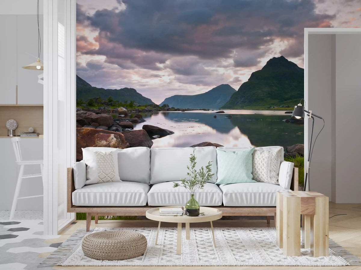 Moody lake mural behind white sofa with mint cushions and round coffee table GD14192