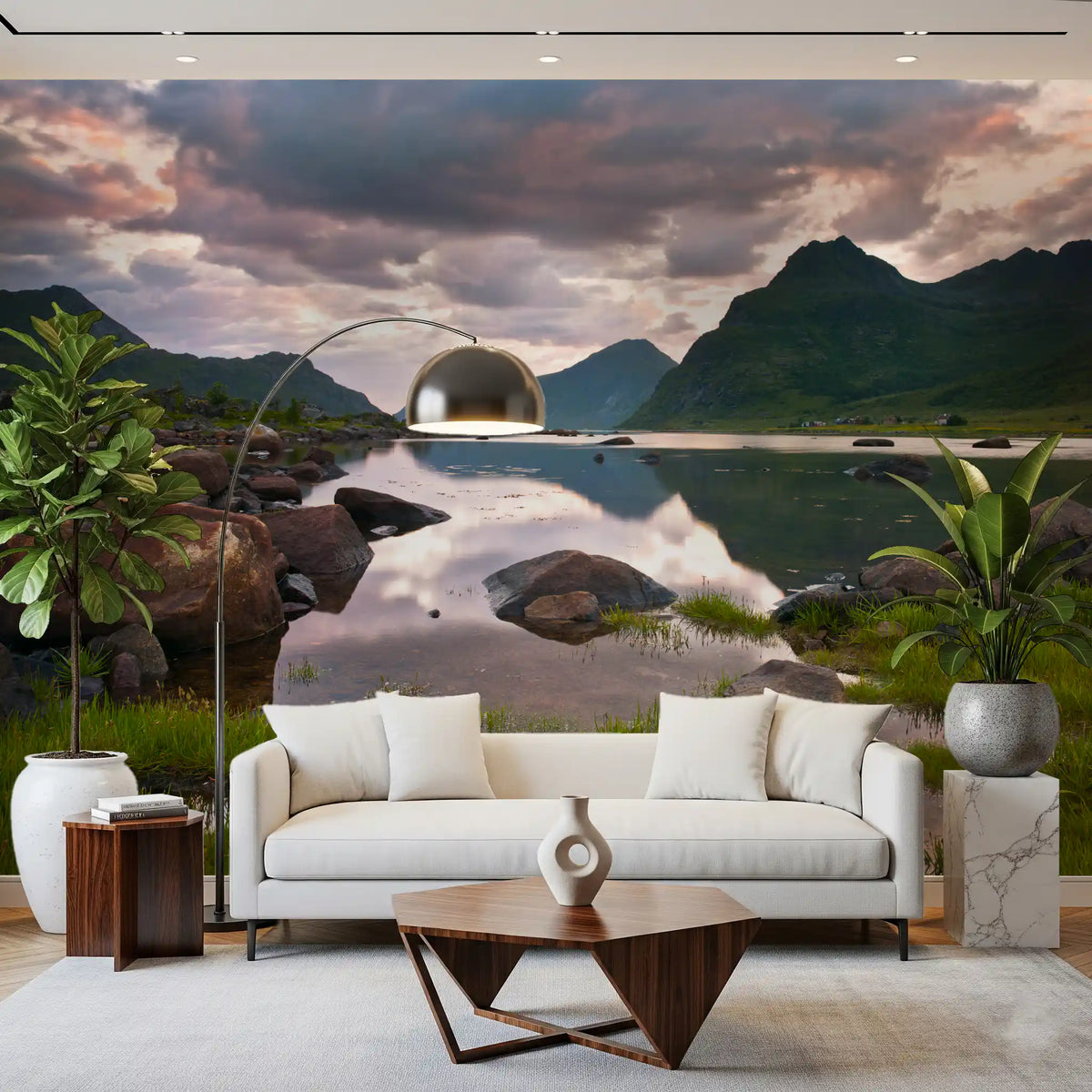 Mountain wallpaper behind cream sofa, arc floor lamp and wood coffee table GD14192