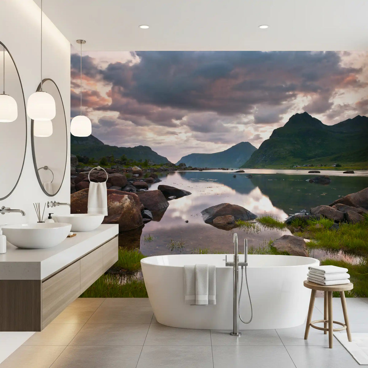 Still lake mural in bathroom with double vessel basins and freestanding bathtub GD14192