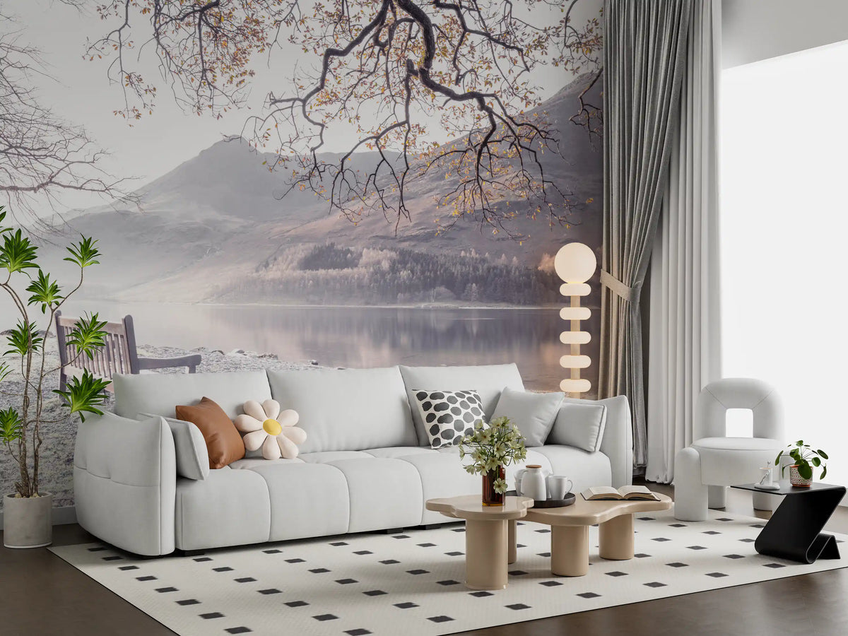 Wandbild „Nebeliger Morgen mit Bergpanorama“