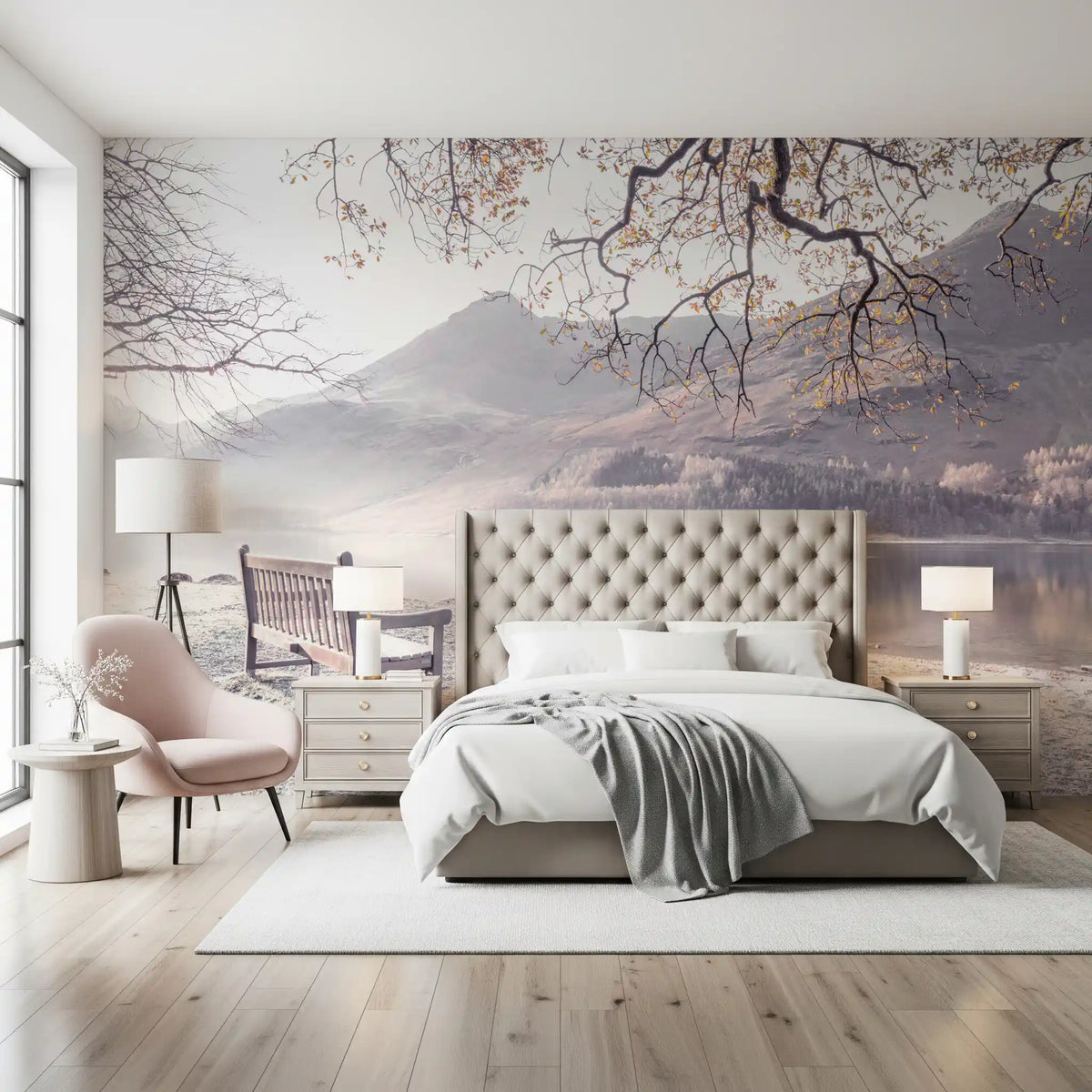 Wandbild „Nebeliger Morgen mit Bergpanorama“