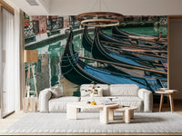 Venice wallpaper behind white sofa with ring chandelier and low coffee table GD14197