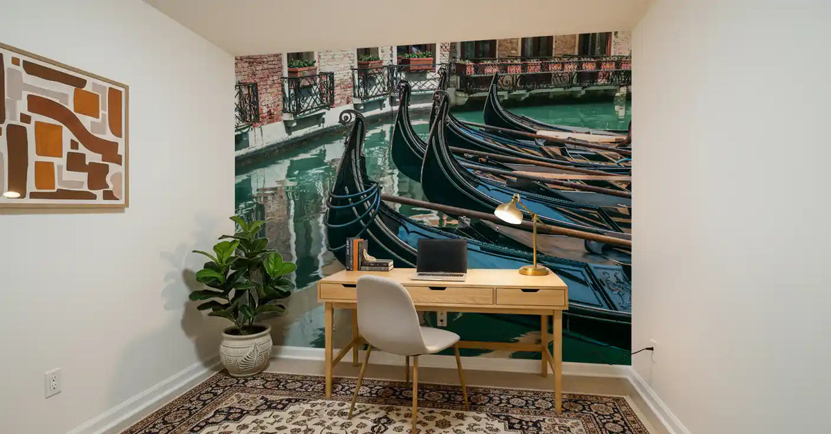 Gondolas mural behind small wood desk and white chair in home office GD14197