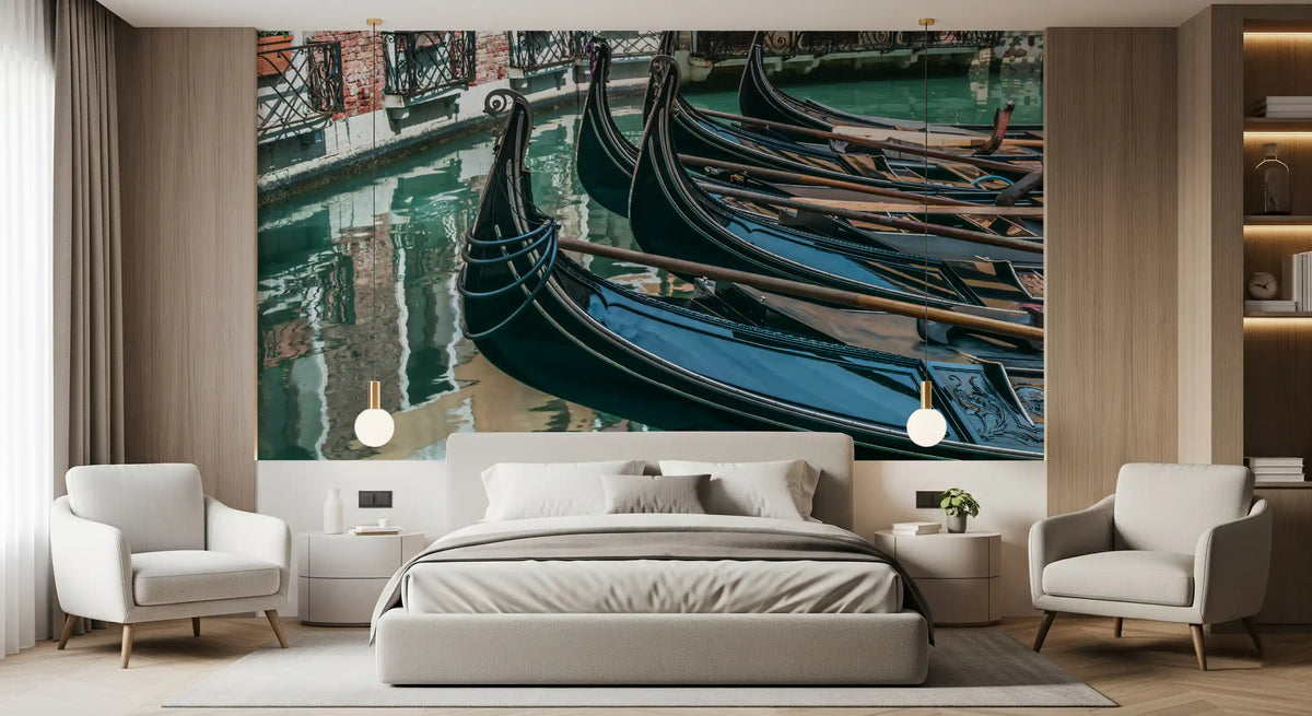 Venice wallpaper mural behind beige bed and two cream armchairs in bedroom GD14197