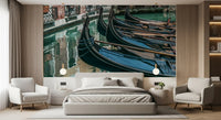 Venice wallpaper mural behind beige bed and two cream armchairs in bedroom GD14197