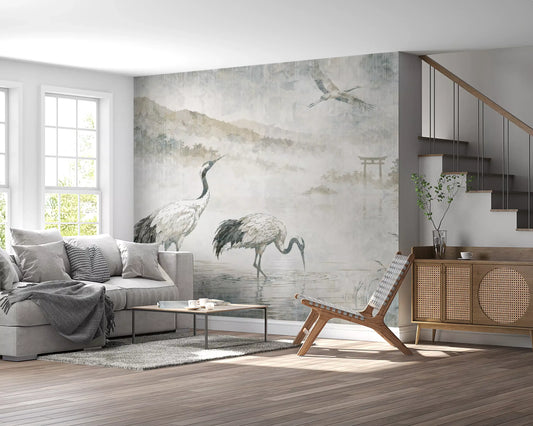 Papier peint panoramique représentant un paysage japonais serein avec des grues