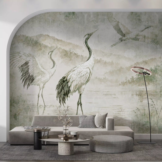 Papier peint panoramique Nature's Fusion avec grues japonaises