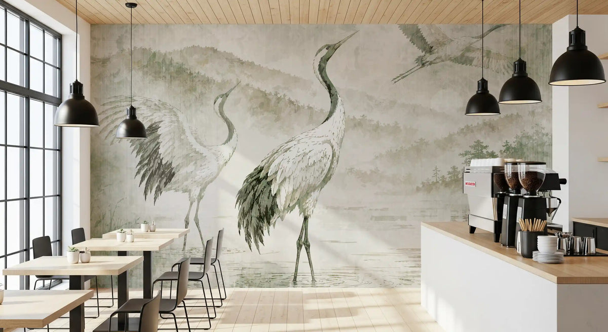 Väggmålning med naturens möte och japanska tranor