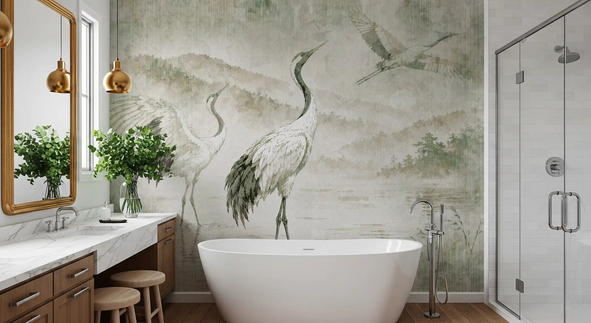 Väggmålning med naturens möte och japanska tranor
