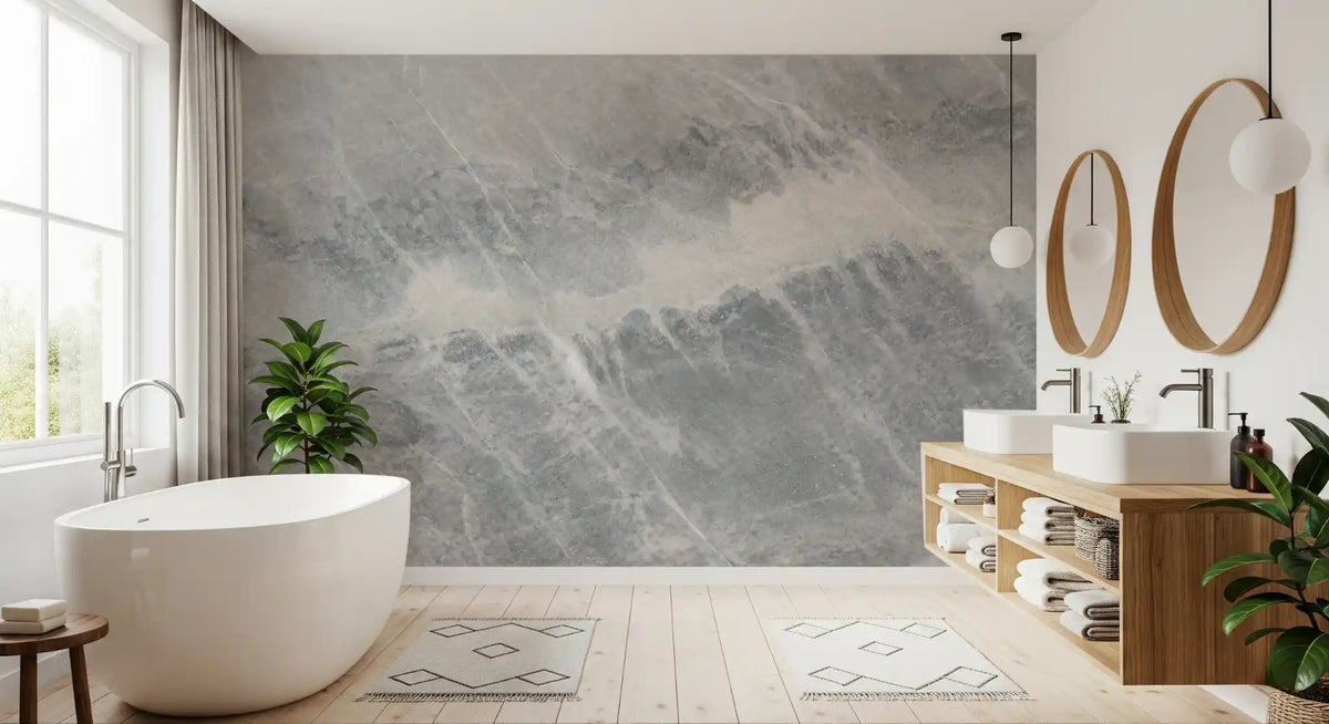 Bathroom with a freestanding tub and round mirrors on a gray stone slab mural GD14203