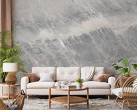 Cream tufted sofa and rattan chair in front of soft gray marble wallpaper GD14203