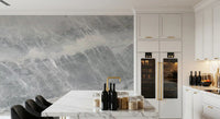 Kitchen with a marble island and white cabinets beside gray marble wallpaper GD14203