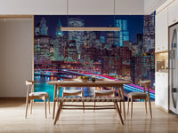 New York wallpaper behind a wood dining table with bench and linear pendant GD14205