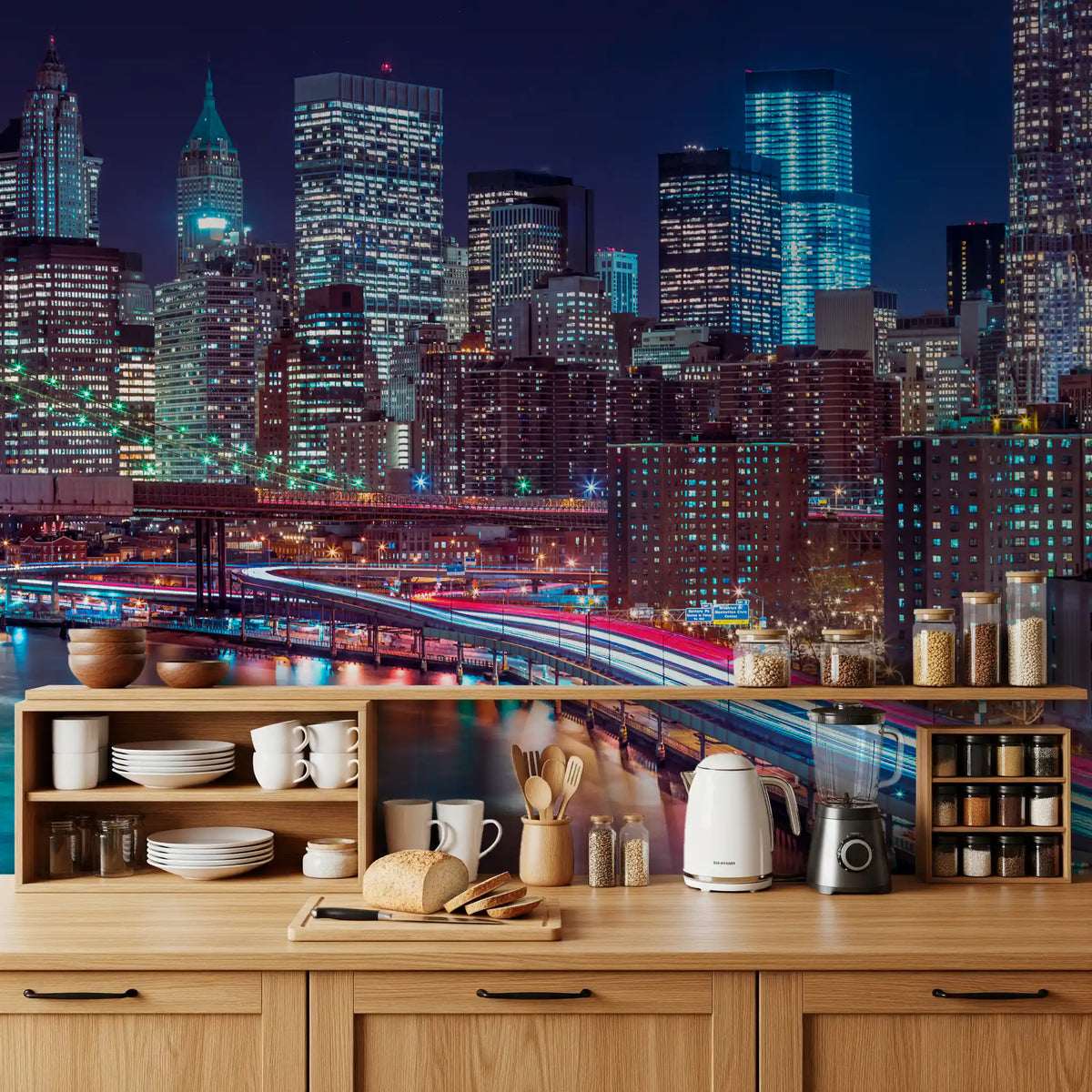 Kitchen counter with wood shelves, dishes and kettle against a city lights mural GD14205