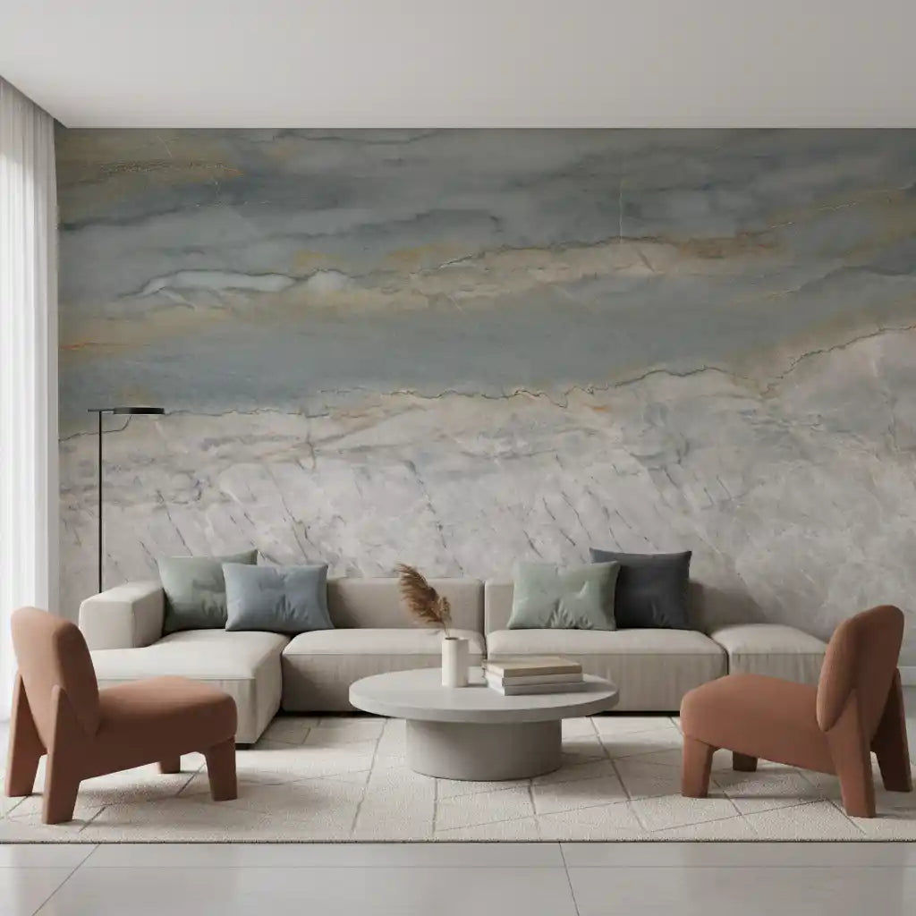 Marble wallpaper in a living room with beige sectional and two rust accent chairs GD14204