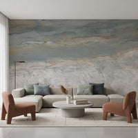 Marble wallpaper in a living room with beige sectional and two rust accent chairs GD14204