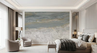 Marble wallpaper behind a hotel style bed with armchairs and a tray ceiling GD14204