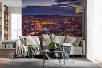 Rome wallpaper in a living room with gray sofa, throws and black side tables GD14206