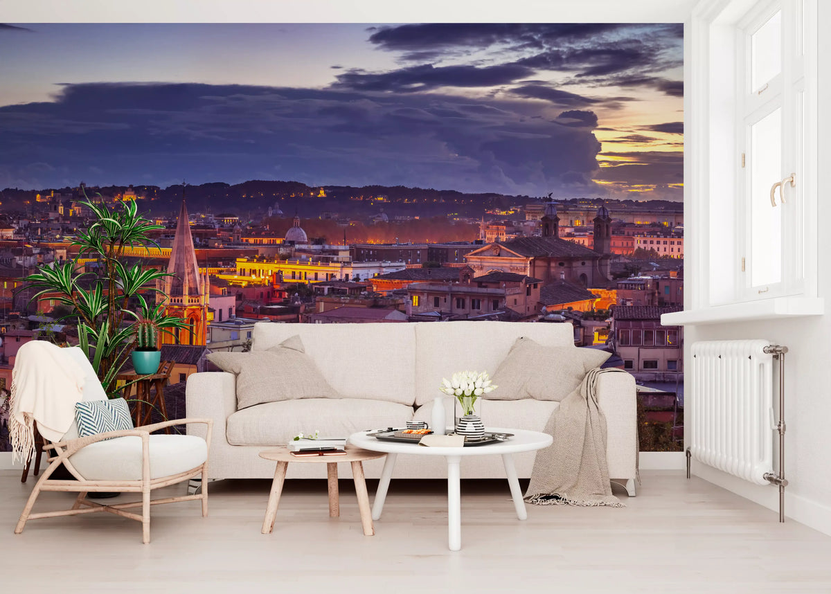 Cream sofa, rattan armchair and round tables before a Rome dusk panorama GD14206