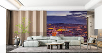 Mint sofa, wood slat panels and dark marble floor with a Roman rooftop mural GD14206